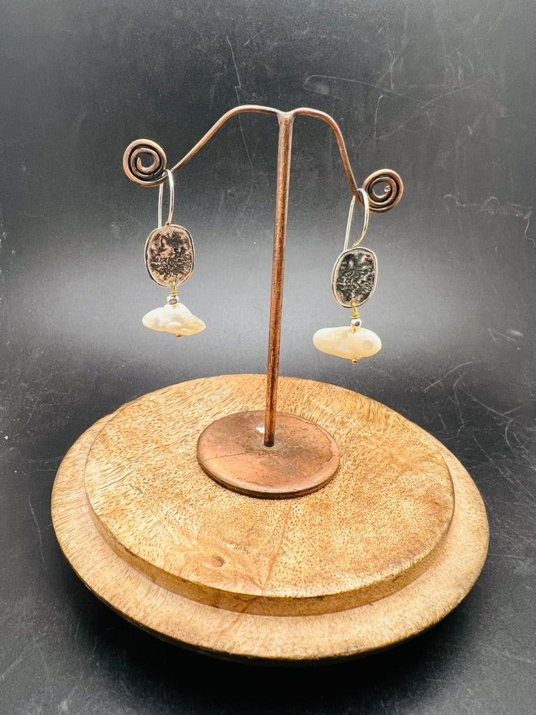 Lunaria and single horizontal pearl drop earrings