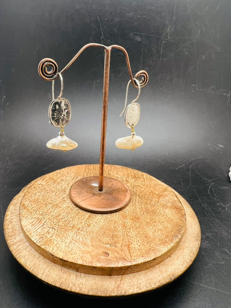 Lunaria and single horizontal pearl drop earrings