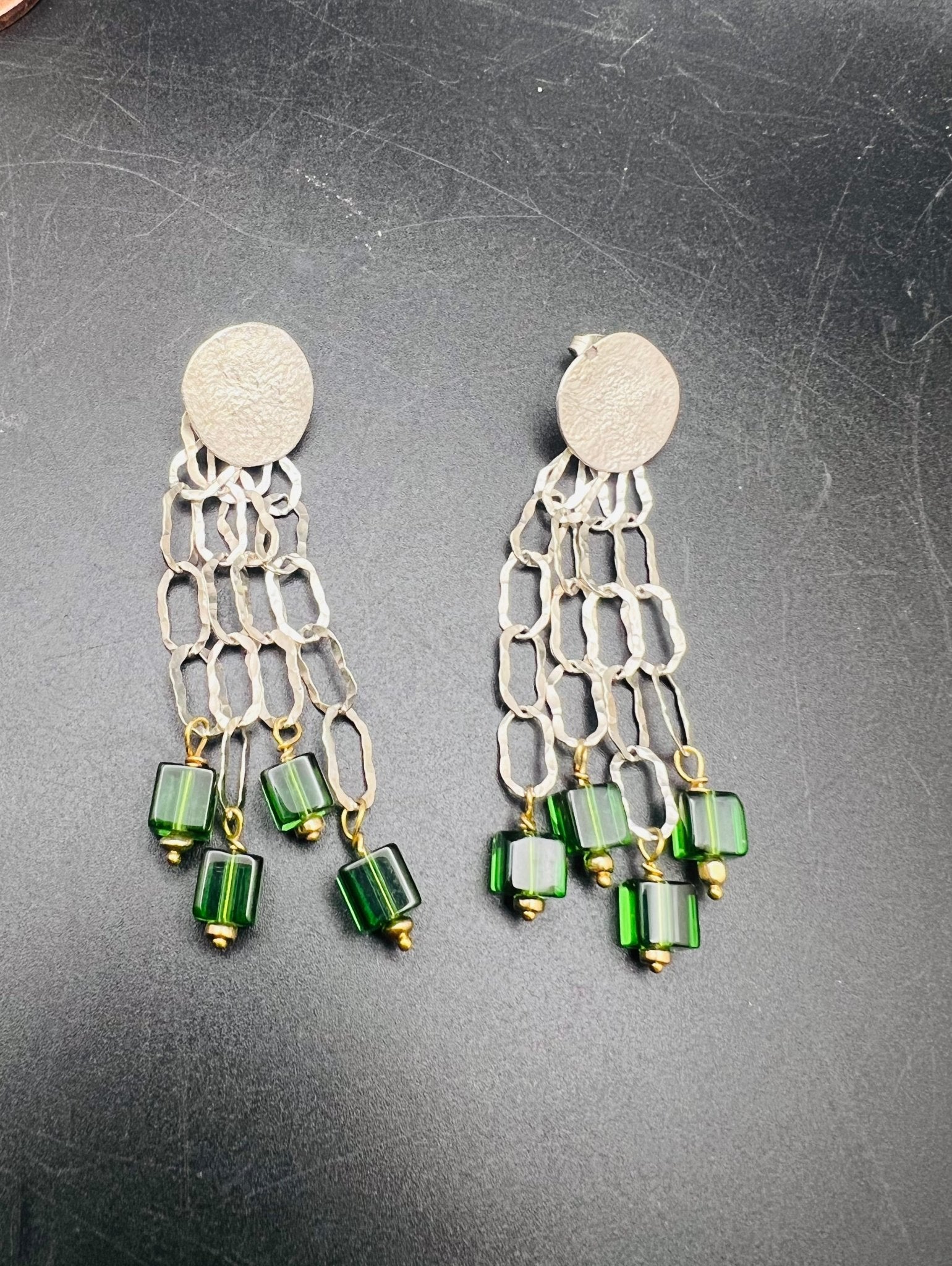 Green glass silver drop earrings.