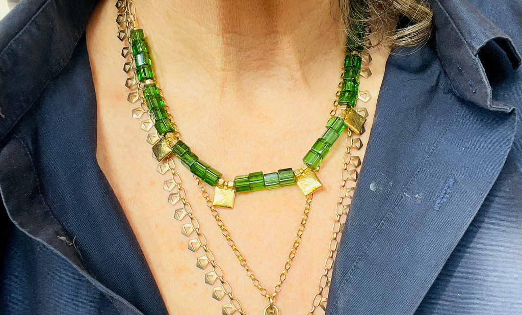 Green and gold cubed necklace