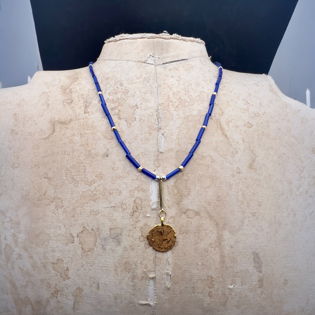 Blue glass Pegasus necklace