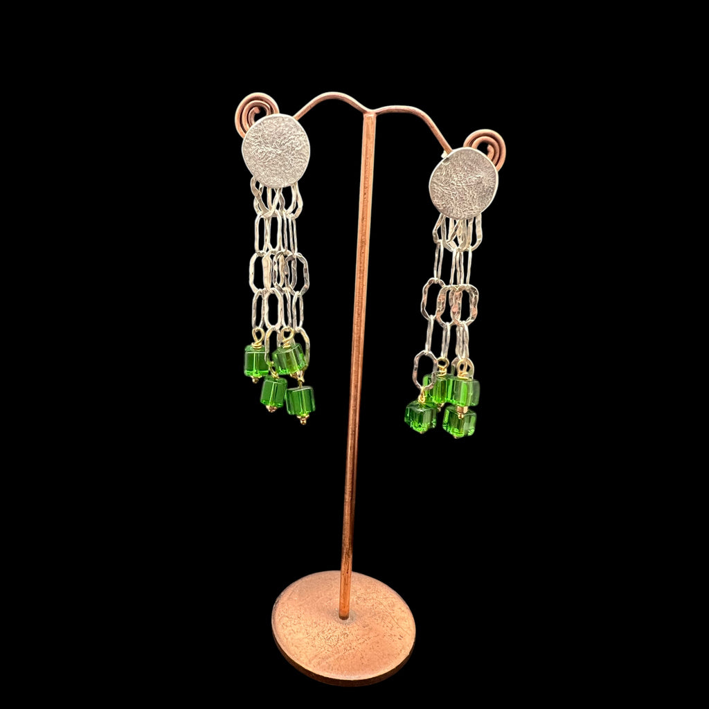 Green glass silver drop earrings.