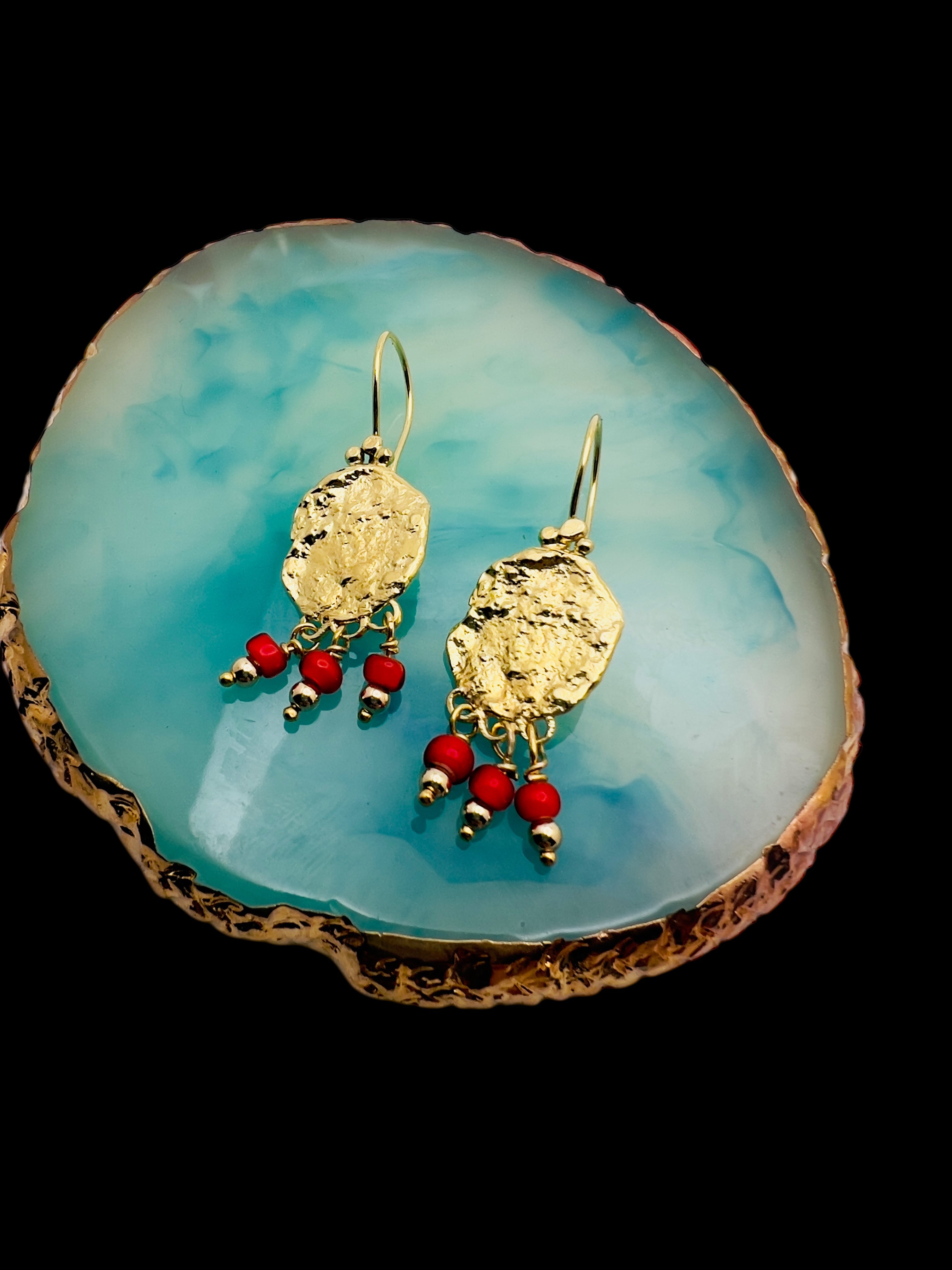 Crumpled gold and red glass earrings
